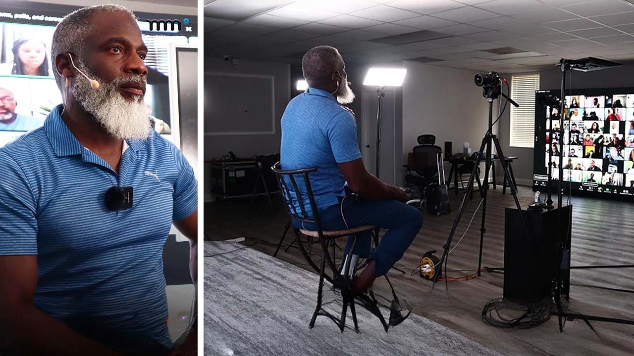 Split image of Myron Golden during the Make More Offers Challenge, seated in his studio hosting a live Q&A session with business training participants.