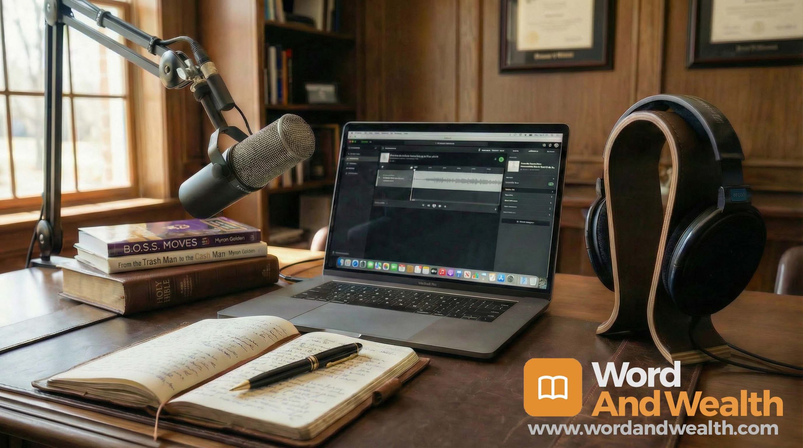 Professional office desk setup with open laptop, podcast microphone, over-ear headphones, open journal and Montblanc pen, warm natural lighting, and a stack of books including the Bible, Trashman to Cashman, and BOSS Moves by Myron Golden, conveying intentional success, reflection, and premium business wisdom.