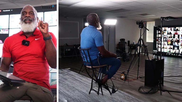 Split image of Myron Golden during the Make More Offers Challenge, seated in his studio hosting a live Q&A session with business training participants.
