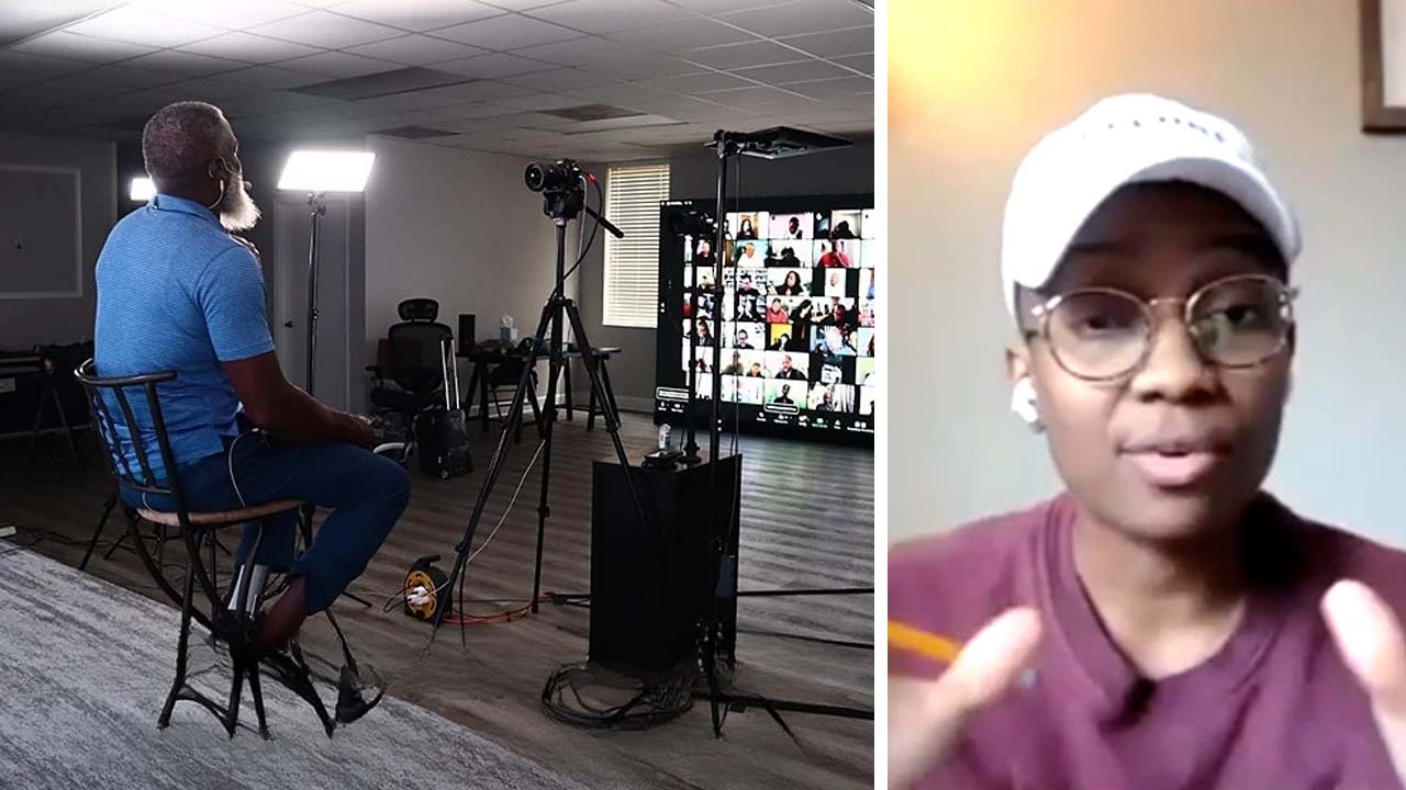 this is a split screen of Kristen on the left talking with myron on the right about the five day challenge