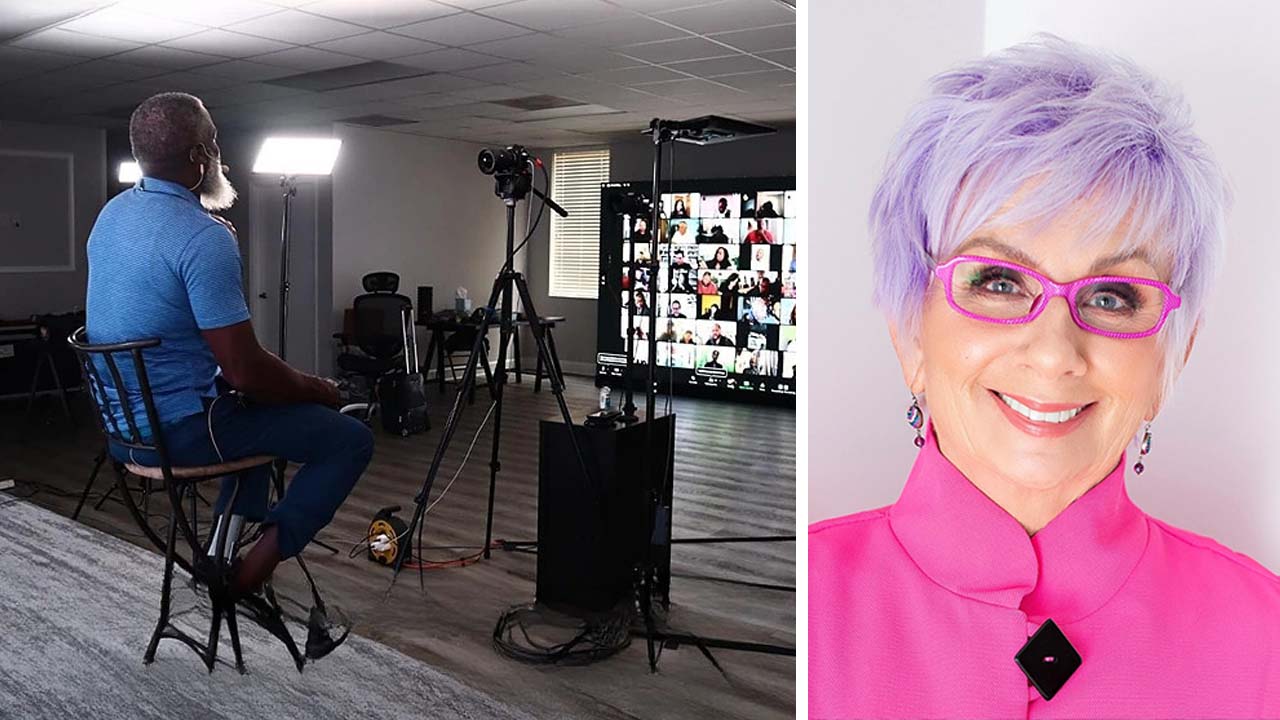 Split image of entrepreneur Tina Lorenz and Myron Golden speaking during the Make More Offers Challenge business training.