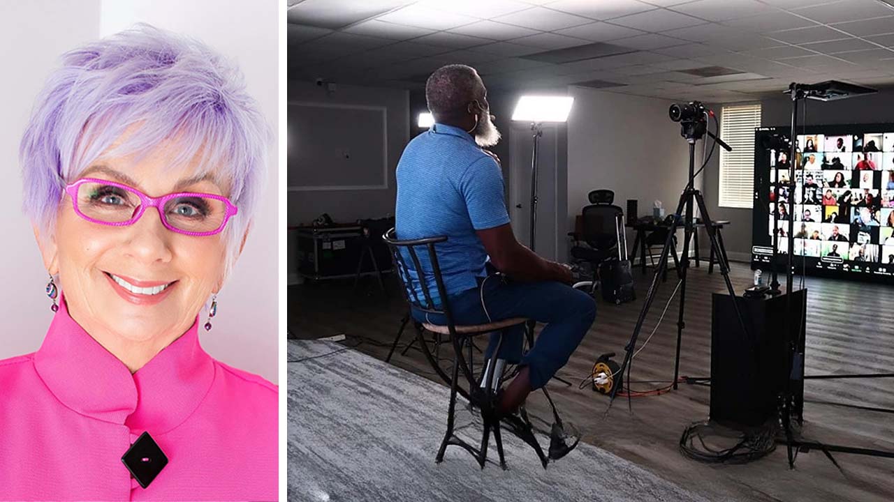 Split image of entrepreneur Tina Lorenz and Myron Golden speaking during the Make More Offers Challenge business training.